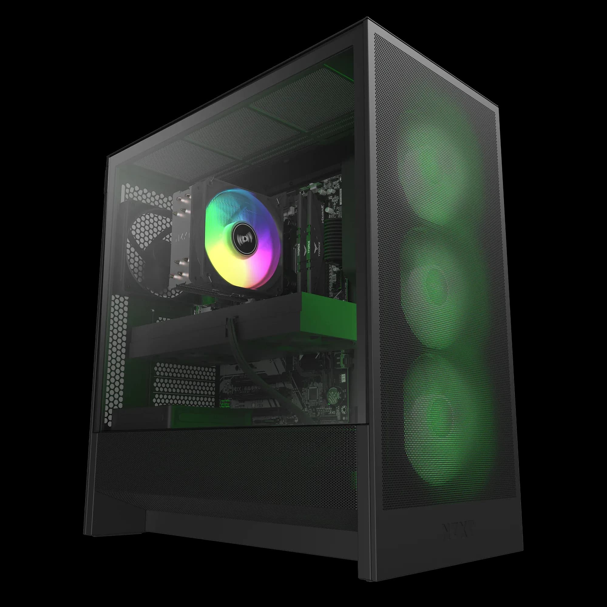 Example custom PC build in a black airflow case with RGB fans